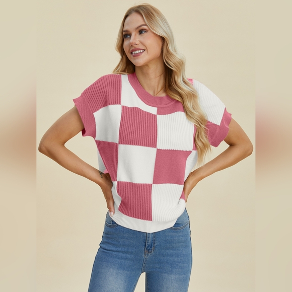 Double Take Full Size Checkered Round Neck Short Sleeve Sweater - Picture 2 of 7